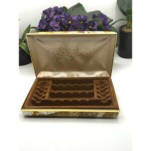 Vintage Gold & Brown Velvet Lined Hinged Jewelry Case With Floral Interior Desig